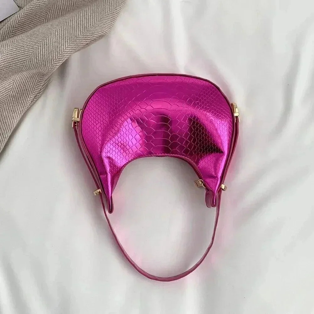 Hot Pink Elegant Women's Metallic Snakeskin Embossed Hobo Bag - Picture 2 of 4